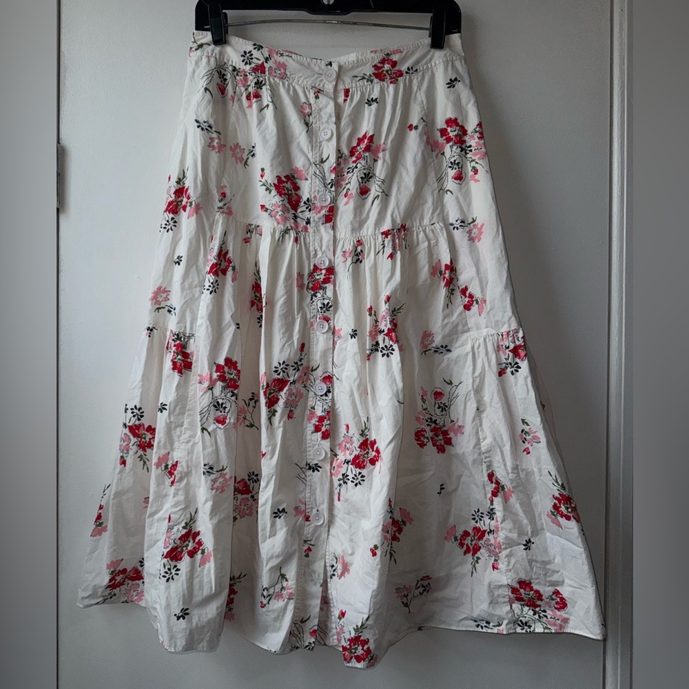 Rebecca Taylor White Floral Cotton Poplin Marguerite Button Midi Skirt Sz 8